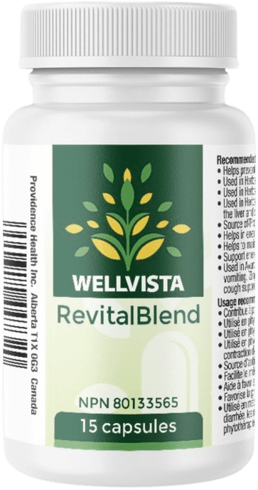 WellVista RevitalBlend bottle, front label close-up