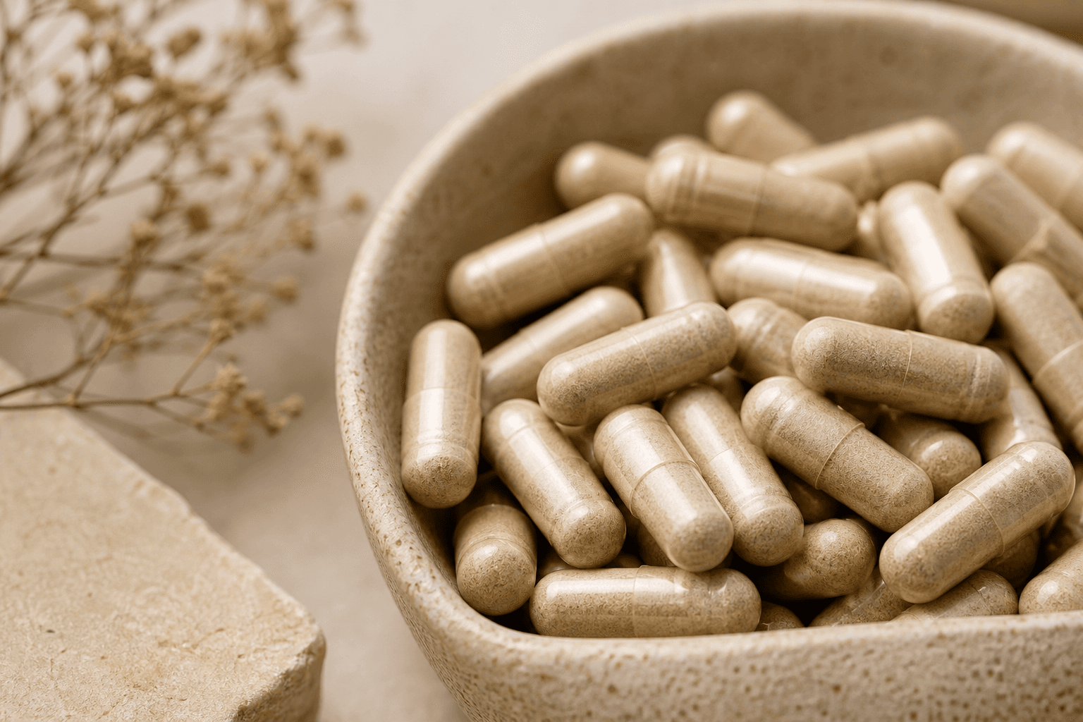 Natural wellness capsules in a stone bowl with botanical elements